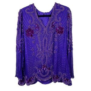 Sequins Originals Vintage Hand Beaded Sparkle 100% Silk Purple 80's Long Slv Top